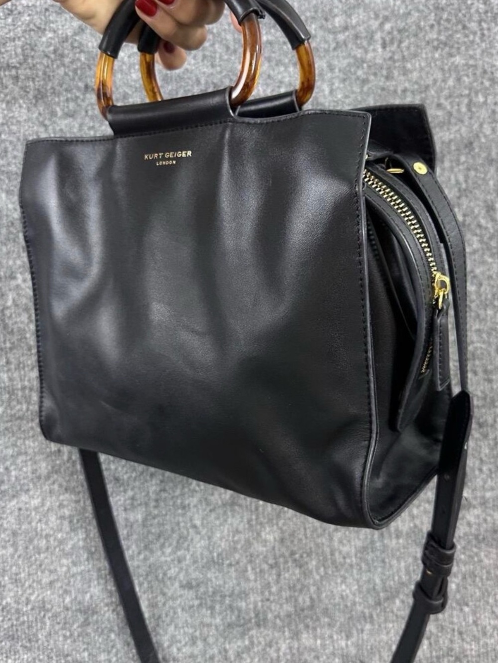 Kurt Geiger Black Leather Satchel with Tortoiseshell Ring Handles